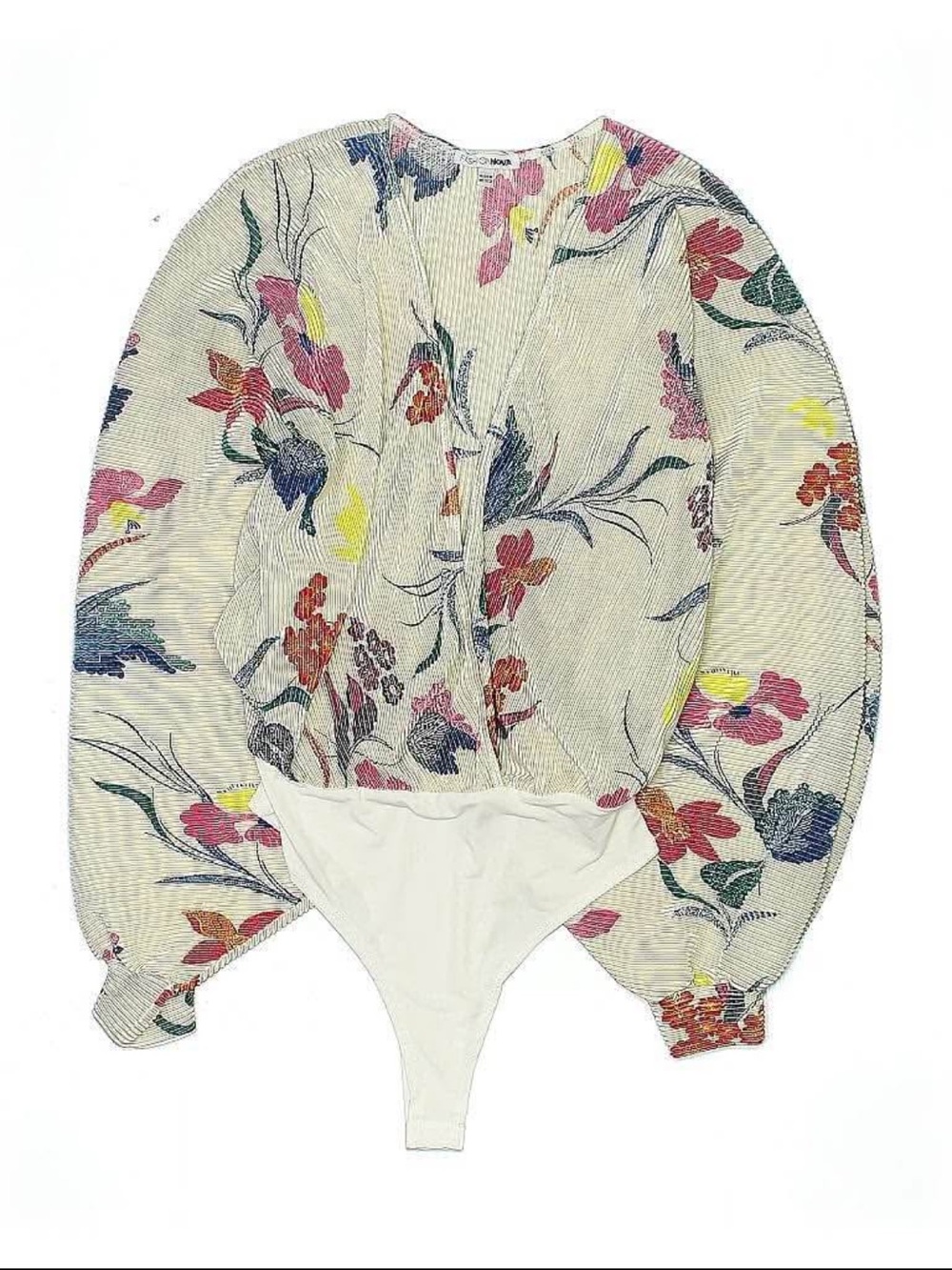 Fashion Nova Cream Floral Long Sleeve Bodysuit with Multicolor Bloom Print